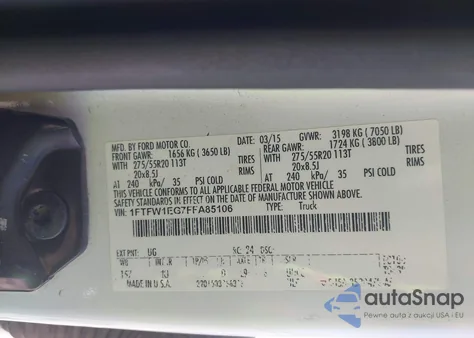 2015 Ford F-150 King Ranch из США, поврежденный, VIN 1FTFW1EG7FFA85106